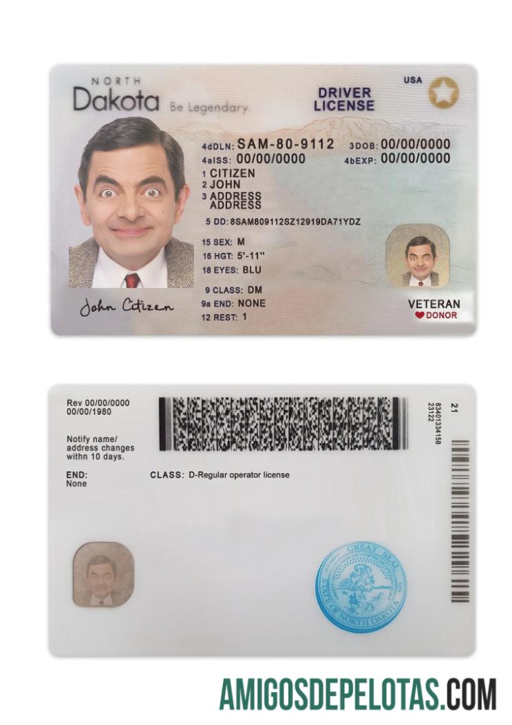 Carteira de habilitação dos EUA em Dakota do Norte 2023 presente exemplo